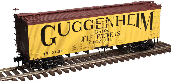 36' Wood Reefer - Ready to Run - Master(R) -- Guggenheim Brothers #622 (yellow, Boxcar Red, black, Billboard Lettering)