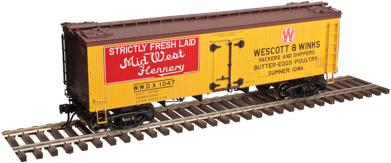 36' Wood Reefer - Ready to Run - Master(R) -- Wescott & Winks #1047 (yellow, Boxcar Red, red)