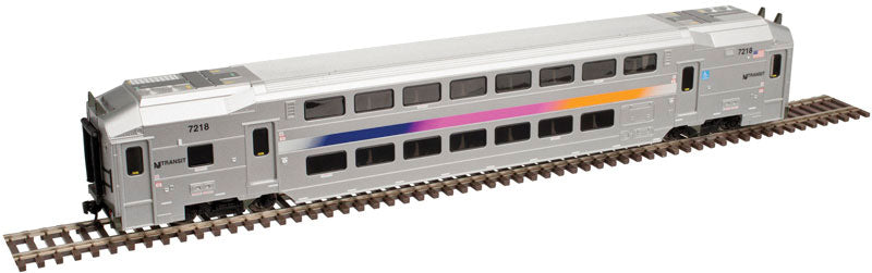 Multi-Level Commuter Coach Trailer w/Toilet - Ready to Run -- New Jersey Transit #7277 (silver, magenta, orange, blue)