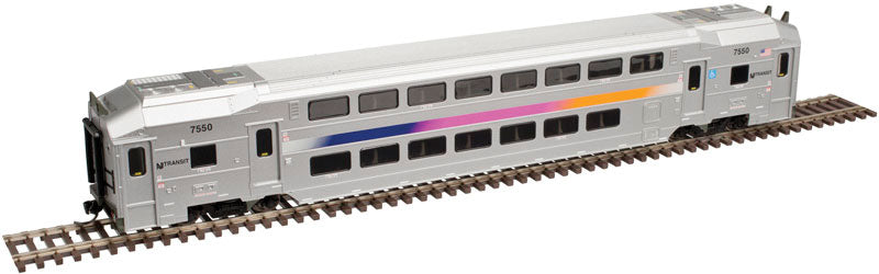 Multi-Level Commuter Coach Trailer - Ready to Run -- New Jersey Transit #7612 (silver, magenta, orange, blue)