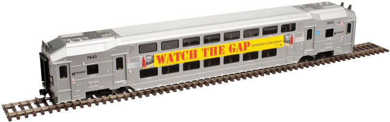 Multi-Level Commuter Coach Trailer - Ready to Run -- New Jersey Transit #7640 (silver, Watch The Gap Safety Slogan)