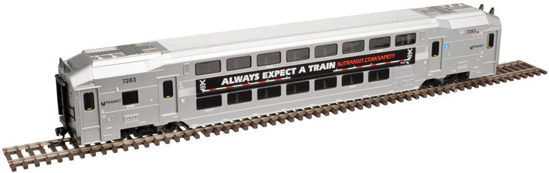 Multi-Level Commuter Coach Trailer - Ready to Run -- New Jersey Transit #7283 (silver, Always Expect A Train Safety Slogan)