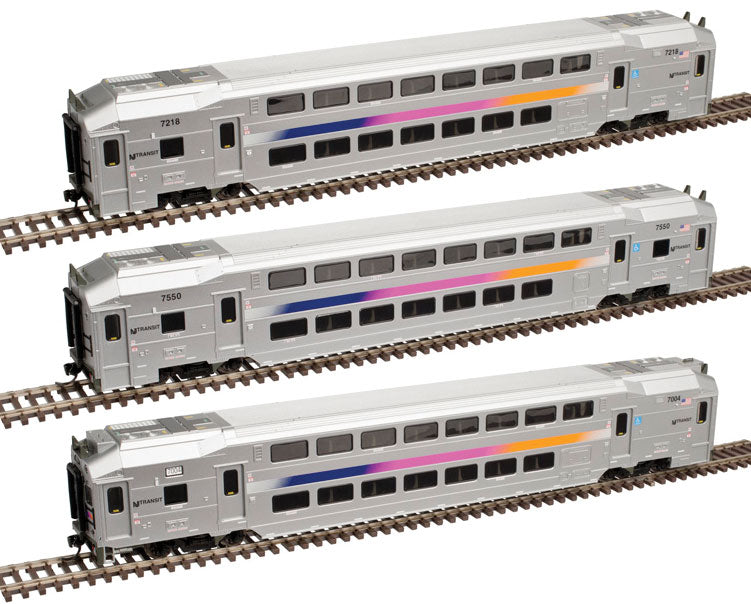 Multi-Level Commuter Cab Car & Trailer 3-Car Set - Ready to Run -- New Jersey Transit #7004 (Cab), 7550 (Trailer), 7218 (Toilet) (silver)-1