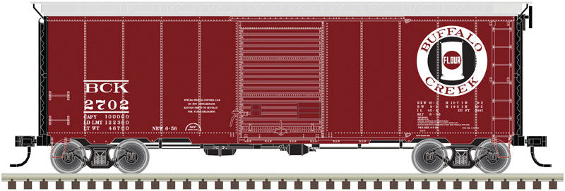 40' Postwar Boxcar w/7' Door - Ready to Run -- Buffalo Creek #2702 (Boxcar Red, black)