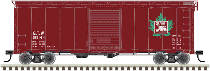 40' Postwar Boxcar w/7' Door - Ready to Run -- Grand Trunk Western #515157 (Boxcar Red, green; Maple Leaf Logo)