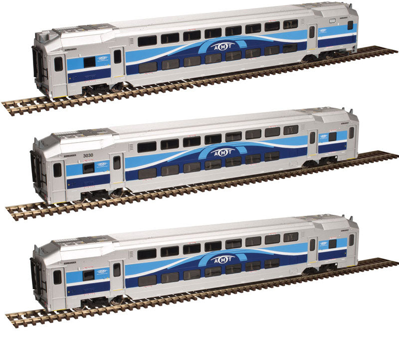 Multi-Level Commuter Cab Car and 2-Coach Set - Ready to Run -- AMT Montreal #3022, 3039, 3087 (blue, silver, white)