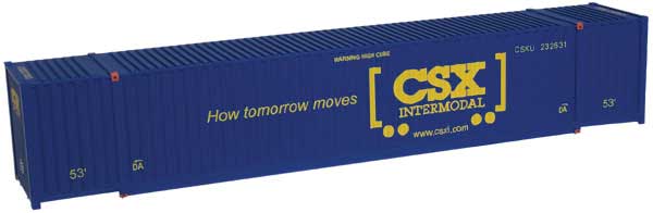 Jindo 53' Cargo Container 3-Pack - Assembled - Master(R) -- CSX (Set #4; blue, yellow; Boxcar Logo, "How Tomorrow Moves" Slogan)