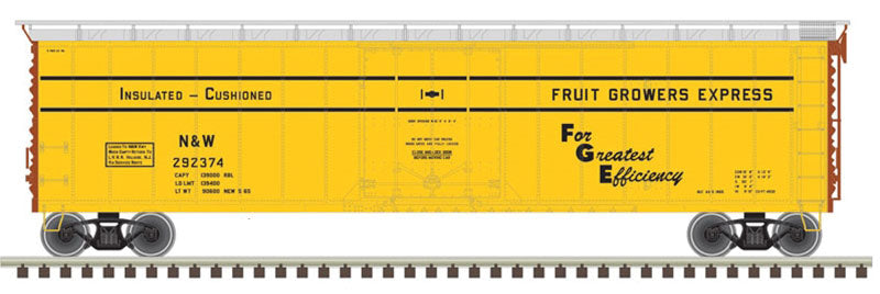50' Plug-Door Boxcar - Ready to Run -- Fruit Growers Express 292734 (yellow, silver, N&W Logo)