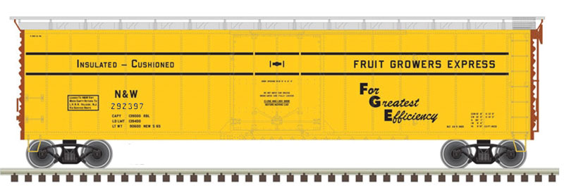 50' Plug-Door Boxcar - Ready to Run -- Fruit Growers Express 292397 (yellow, silver, N&W Logo)