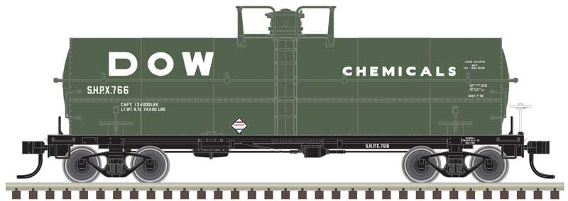 11,000-Gallon Tank Car with Platform - Ready to Run - Master(R) -- Dow Chemical SHPX #766 (green, white)