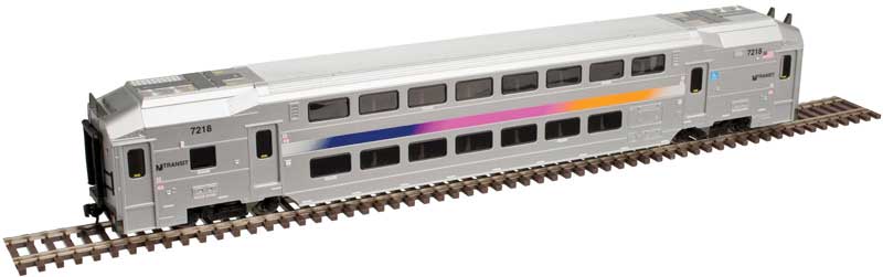 Multi-Level Commuter Coach Trailer with Toilet - Ready to Run -- New Jersey Transit #7222 (silver, magenta, orange, blue)