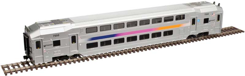 Multi-Level Commuter Coach Trailer - Ready to Run -- New Jersey Transit #7666 (silver, magenta, orange, blue)