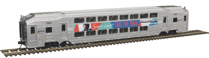 Multi-Level Commuter Coach Trailer - Ready to Run -- New Jersey Transit #7593 (silver, Scenic Route Safety Slogan)