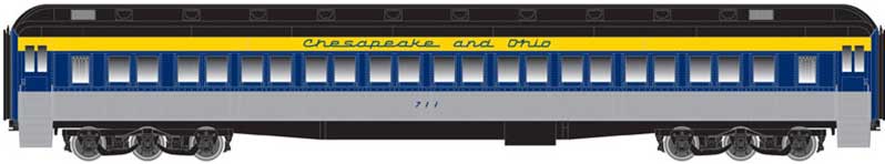 Heavyweight Paired-Window Coach - Ready to Run - Master(R) -- Cheaspeake & Ohio #708 (gray, blue, yellow, black)