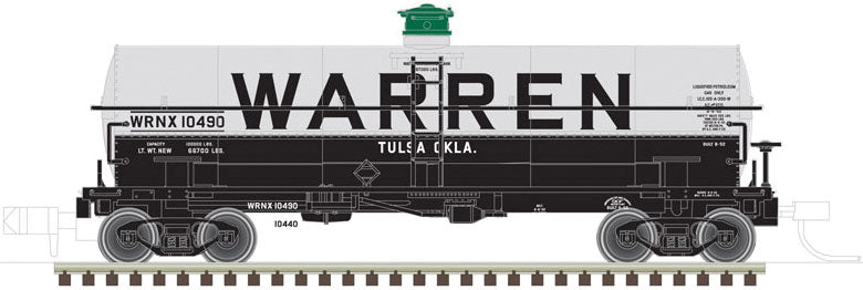 11,000-Gallon Tank Car No Platform - Ready to Run - Master(R) -- Warren WRNX 10440 (gray, black, green, Billboard Lettering)
