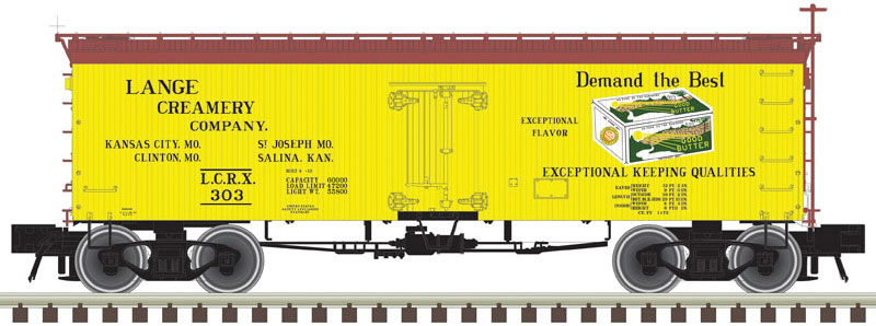 36' Wood Reefer - Ready to Run - Master(R) -- Lange Creamery #303 (yellow, Boxcar Red)