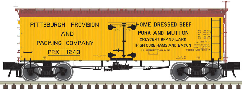 36' Wood Reefer - Ready to Run - Master(R) -- Pittsburgh Provision and Packing 1244 (yellow, Boxcar Red)