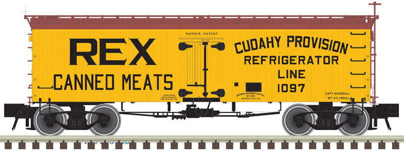 36' Wood Reefer - Ready to Run - Master(R) -- Cudahy Provision Refrigerator Line #1090 (Rex Canned Meats; yellow, Boxcar R