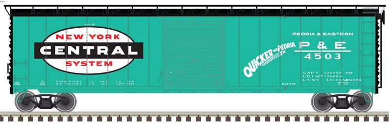 Postwar 50' Single-Door Boxcar - Ready to Run - Master(R) -- New York Central P&E 4503 (Jade Green, black, white, Quicker via Peoria)