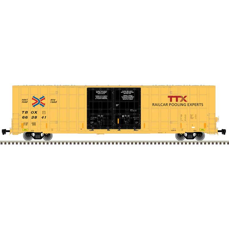 Gunderson 7550 Double Plug-Door Boxcar - Ready to Run - Master(R) -- TTX TBOX 664444 (yellow, black, red TTX and Next Load, Any Road Logos)
