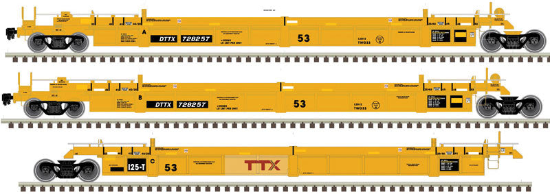 Thrall 53' 3-Unit Articulated Well Car - Ready to Run - Master(R) -- TTX 728723 (yellow, black, Large red Logo)