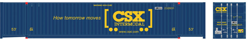 Jindo 53' 6-53-6 Roof Corrugated Container 3-Pack - Assembled - Master(R) -- CSX UMXU Set 2 232534, 232622, 232638 (blue, yellow, Boxcar Logo)