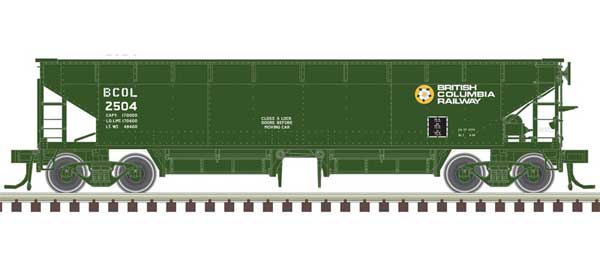 70-Ton Hart Ballast Car 3-Pack - Ready to Run - Master(R) -- British Columbia Railway 2507, 2510, 2520 (green, white)