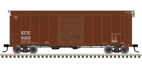 40' Postwar Boxcar with 8' Door - Ready to Run - Master(R) -- Kansas City Southern 21233 (Boxcar Red, white)
