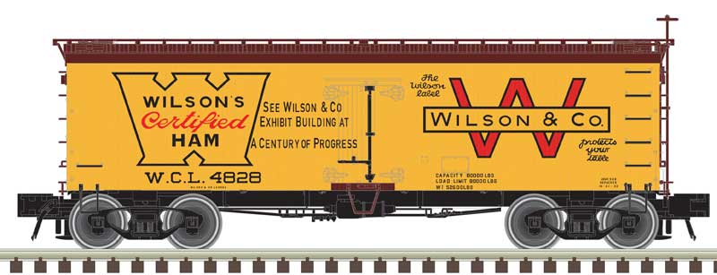 36' Wood Reefer - Ready to Run - Master(R) -- Wilson Packing Certified Ham #4824 (yellow, Boxcar Red, red)
