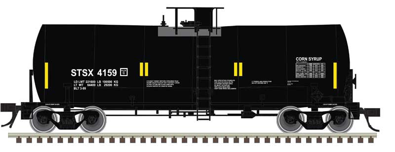 Trinity 17,600-Gallon Corn Syrup Tank Car - Ready to Run -- Tate & Lyle Staley #4159 (black, white, yellow), Conspicuity Stripes