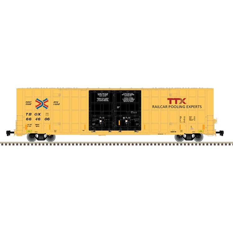 Gunderson 7550 Double Plug-Door Boxcar - Ready to Run - Master(R) -- TTX TBOX #664998 (yellow, black, Next Load Any Road Logo)
