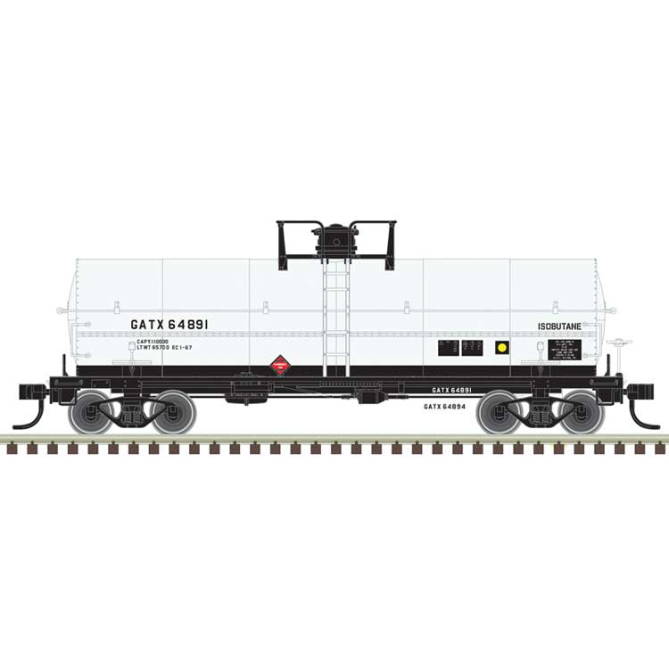 11,000-Gallon Tank Car w/Platform - Ready to Run - Master(R) -- GATX #64891 (white, black, Isobutane)