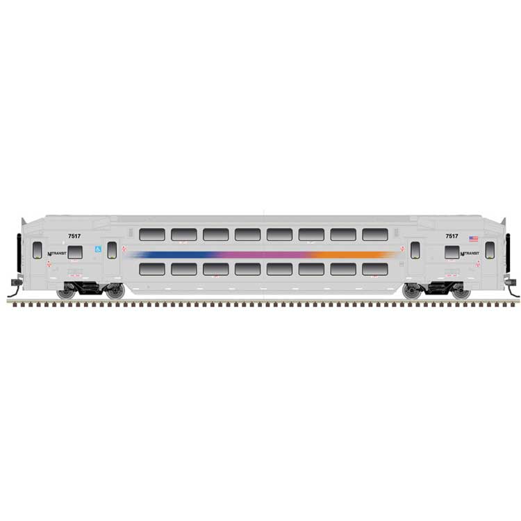 Multi-Level Commuter Coach Trailer - Ready to Run -- New Jersey Transit #7539 (silver, magenta, orange, blue)