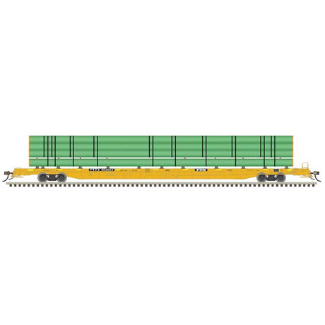 ACF 89' F89-J Flatcar w/Deck Risers & Green Pipe Load - Ready to Run -- TTX PTTX #602054 (yellow, black, yellow conspicuity marks)