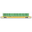 ACF 89' F89-J Flatcar w/Deck Risers & Green Pipe Load - Ready to Run -- TTX PTTX #602129 (yellow, black, yellow conspicuity marks)