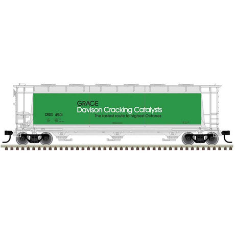 ACF 3-Bay Cylindrical Hopper - Ready to Run - Maaster(R) -- Davison Catalysts CRDX #4501 (green, white)