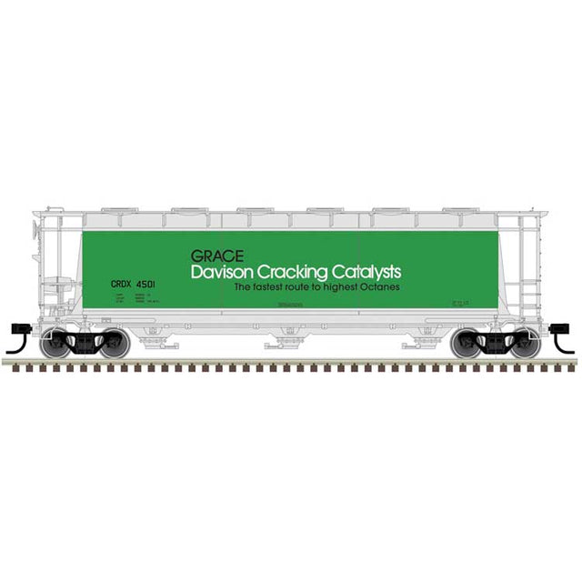ACF 3-Bay Cylindrical Hopper - Ready to Run - Maaster(R) -- Davison Catalysts CRDX #4501 (green, white)