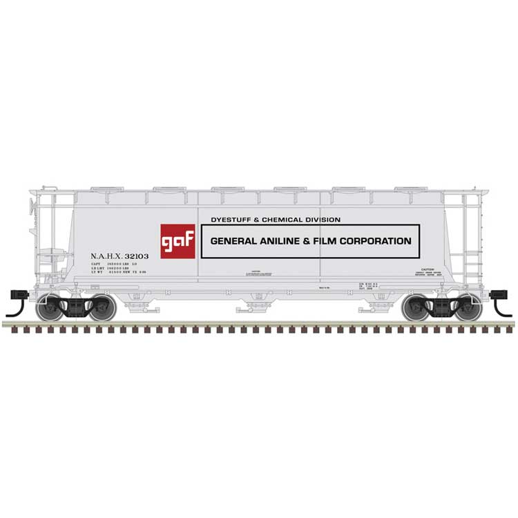 ACF 3-Bay Cylindrical Hopper - Ready to Run - Maaster(R) -- General Aniline & Film Corp. (GAF) NAHX #32104 (gray, black, red)