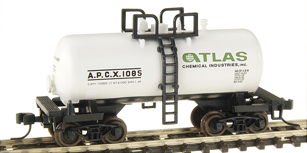 28' "Beer Can" Shorty Tank Car - Ready to Run -- Atlas Chemical #1085 (white, green, black)