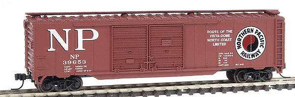 50' Staggered Double-Door Boxcar -- Northern Pacific #39653 (Boxcar Red, white)