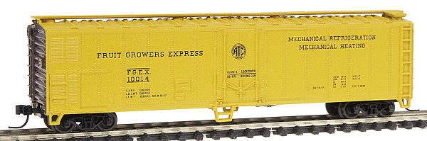 50' Mechanical Reefer -- Fruit Growers Express #10014 (yellow, Freight Car Red, black)