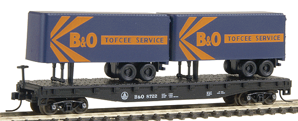 50' Piggyback Flatcar w/Two 24' Trailers -- Baltimore & Ohio #8722 (black, white)