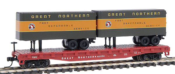 50' Piggyback Flatcar w/Two 24' Trailers -- Great Northern #60202 (Boxcar Red, white)