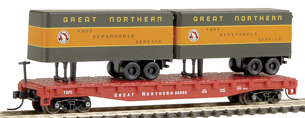 50' Piggyback Flatcar w/Two 24' Trailers -- Great Northern #60205 (red, white)