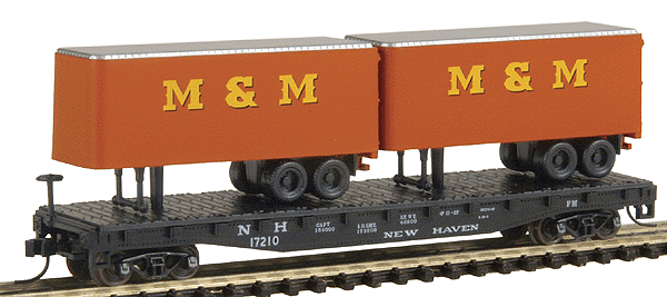 50' Piggyback Flatcar w/Two 24' Trailers -- New Haven w/M&M Trailers #17210 (black, white)