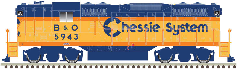EMD GP9 - Torpedo Tube Air Tanks - Standard DC - Master(R) -- Chessie System B&O #5943 (yellow, vermillion, blue)