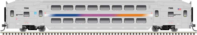Multi-Level Commuter Coach Trailer - Ready to Run -- New Jersey Transit 7666 (silver, magenta, orange, blue)