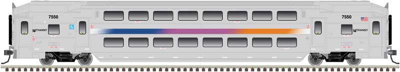Multi-Level Commuter Coach Trailer - Ready to Run -- New Jersey Transit 7673 (silver, magenta, orange, blue)