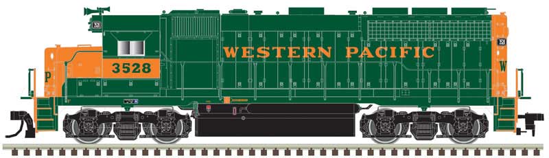 EMD GP40 Low Nose with Dynamic Brakes - LokSound and DCC - Gold -- Western Pacific 3523 (Late, green, orange)