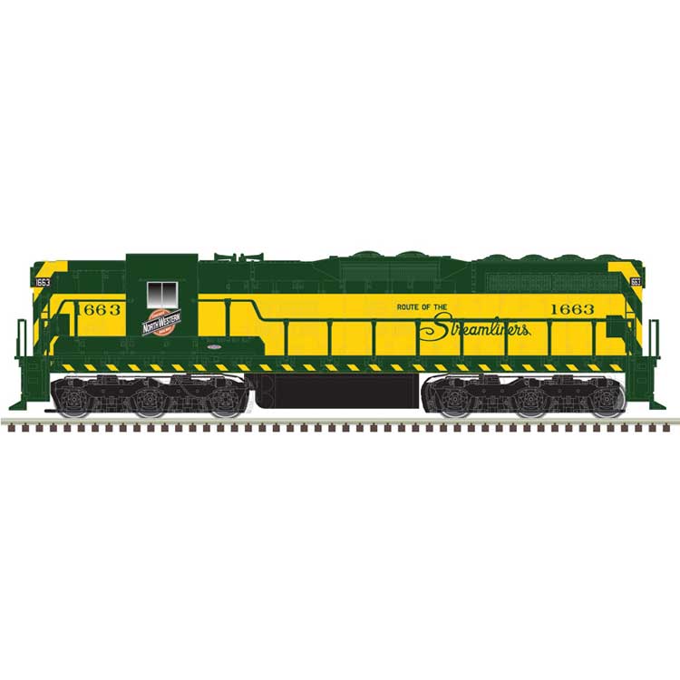 EMD SD7 - Standard DC -- Chicago & North Western 1663 (yellow, green, Streamliners Slogan)
